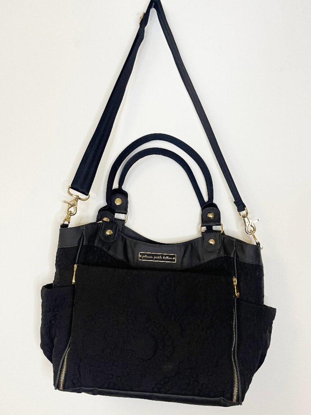 Petunia Pickle Bottom Black Embroidered Diaper Bag Convertible Tote Crossbody